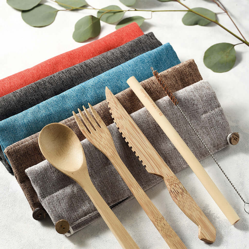 Bamboo Cutlery Set (Dark grey bag)