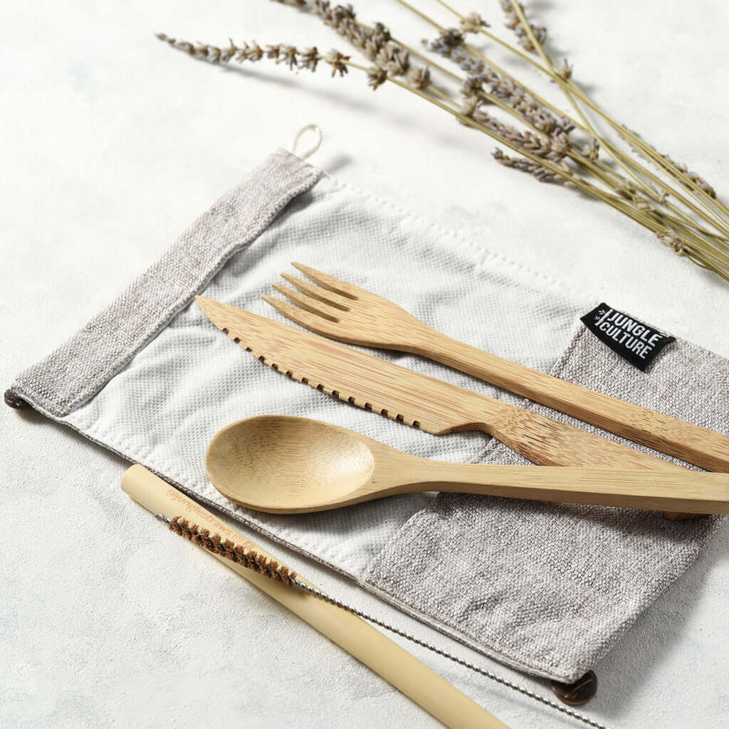 Bamboo Cutlery Set (Dark grey bag)