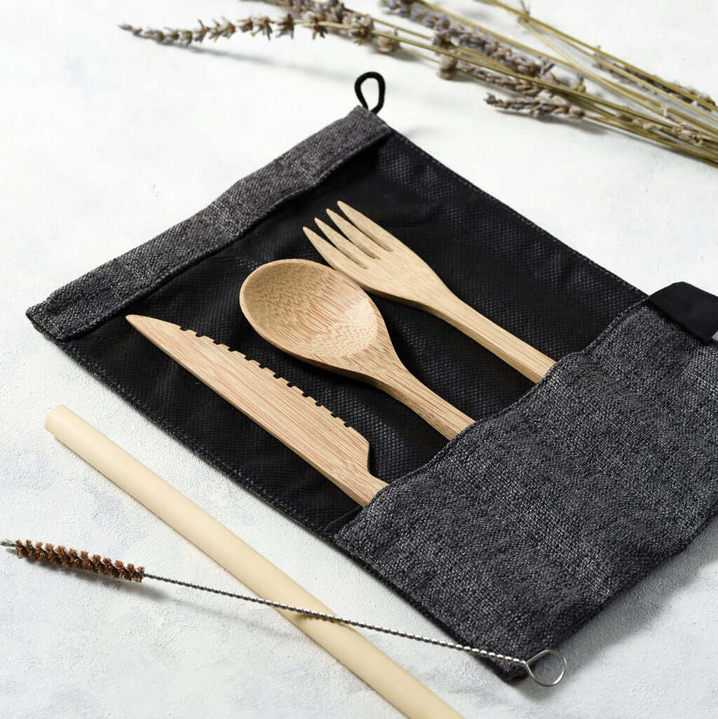 Bamboo Cutlery Set (Dark grey bag)